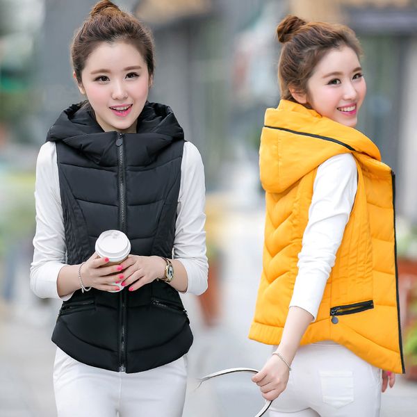 

Осень Зима Женщины Хлопок Жилет С Капюшоном Теплый Вниз Пальто Хит Цвет Шить Жиле