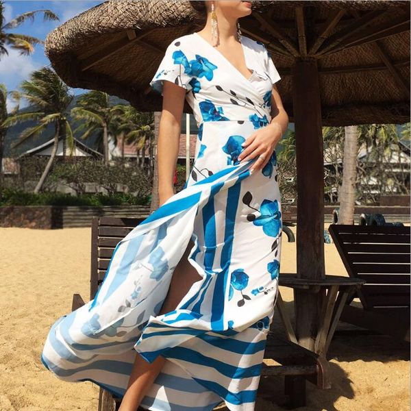 

2018 new fashion women short sleeve chiffon dress vintage flower print party club bohemia v-neck maxi dress blue casual dresses, Black;gray