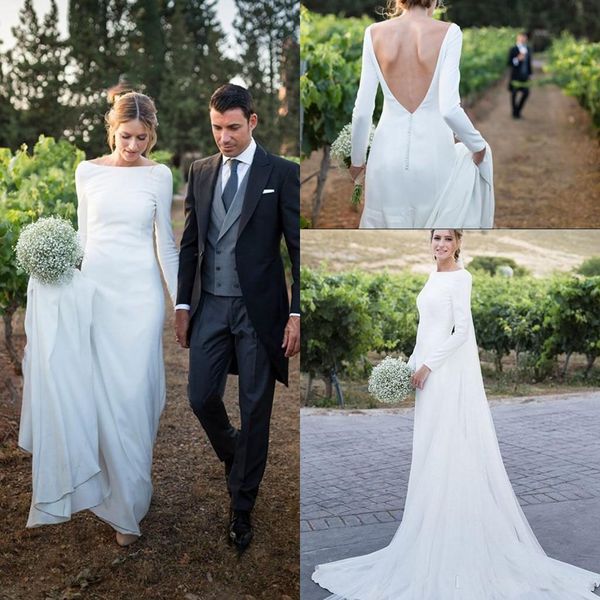 

2018 new country wedding dresses long sleeves bateau sheath backless court train dress for bridal gowns vestidos de noiva customized, White