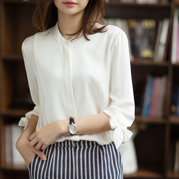 

100% heavy silk blouse women shirt o neck lace-up nine quarter sleeves solid 2 colors office elegant style new fashion 2018, White