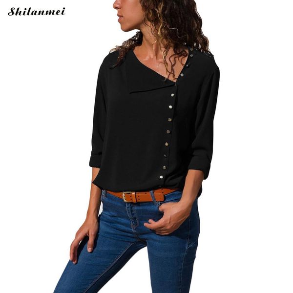 

women blouse shirt long sleeve korean fashion 2018 autumn office ladies blouses casual loose irregular skew collar button shirts, White