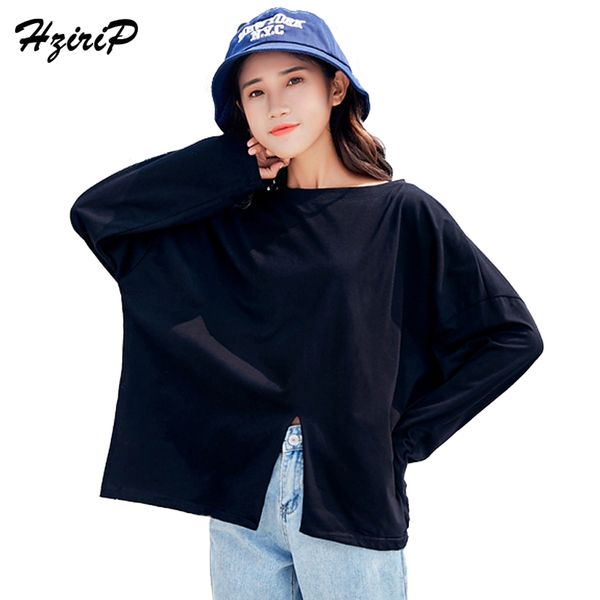 

hzirip new arrivel women hoodies 2018 streetwear basic long sleeve split solid black loose oversize thin sweatshirt girls
