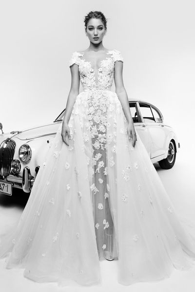 

2019 zuhair murad country wedding dresses with detachable train lace beaded applique short sleeve vintage wedding gowns sweep train dress, White