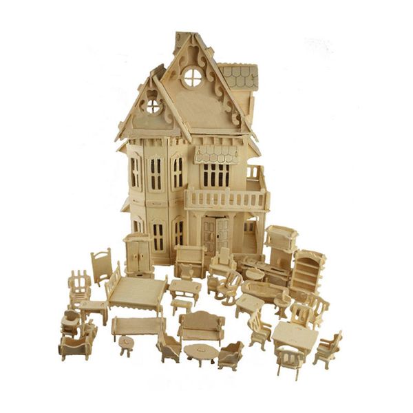 Spielzeug 3D Puzzle DIY Spielwürfel Gothic Puppenhaus Holzmodelle 1 Sets = 1*Haus + 34*Stück Möbel 30*18*45CM