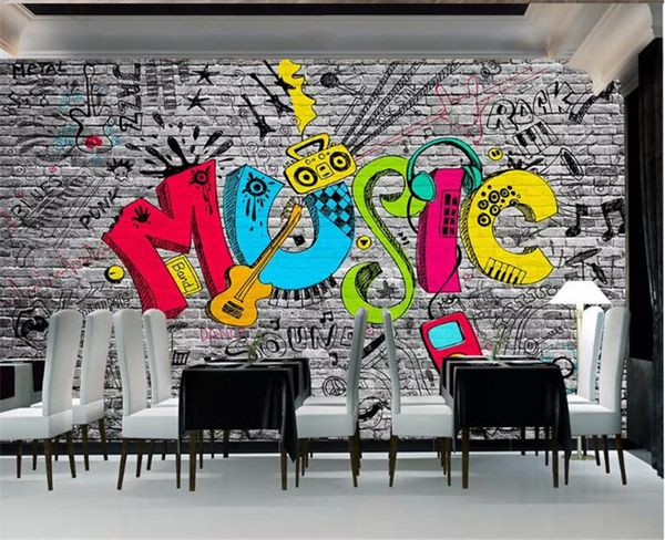 Custom Mural Wall Paper Creative Graffiti Art Music Brick Wall Painting Ktv Bar Living Room Home Wall Decoration Wallpaper Plant Mobile Wallpaper