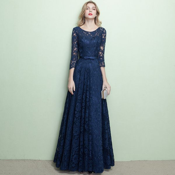 

scoop neck lace evening dresses formal gowns 2019 navy blue floor length party dress fast shipping, Black;red