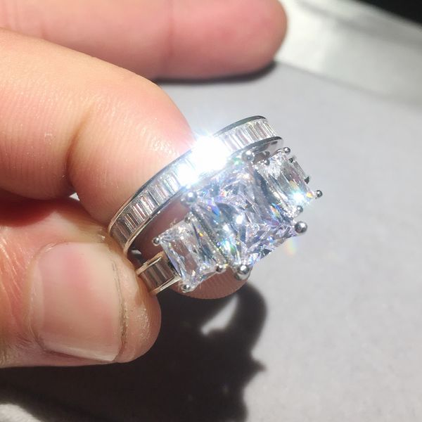 

925 sterling silver wedding ring finger 2-in-1 luxury emerald cut simulated diamond jewelry for women engagement rings, Slivery;golden