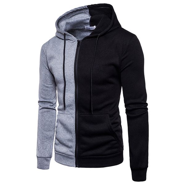 

sports men jacket men's long sleeve hoodie stitching zipper coat outwear patchwork hooded #0808, Black;brown