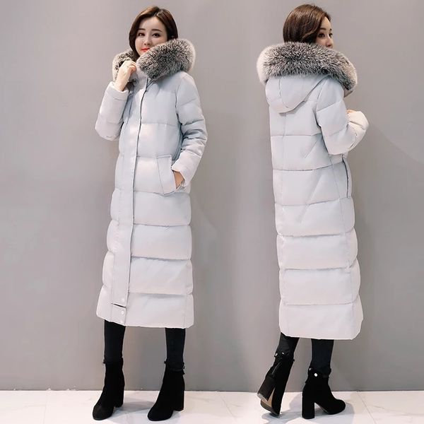 

down jacket female winter coats long slim thickening down parkas large fur collar jacket warm windbreaker snow outwear overcoat 2018, Black