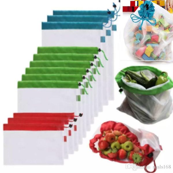 

resable mesh vegetable fruit bag for washing shopping grocery shopping rope string shoulder bag hand totes home storage pouch bags fhh7-1030