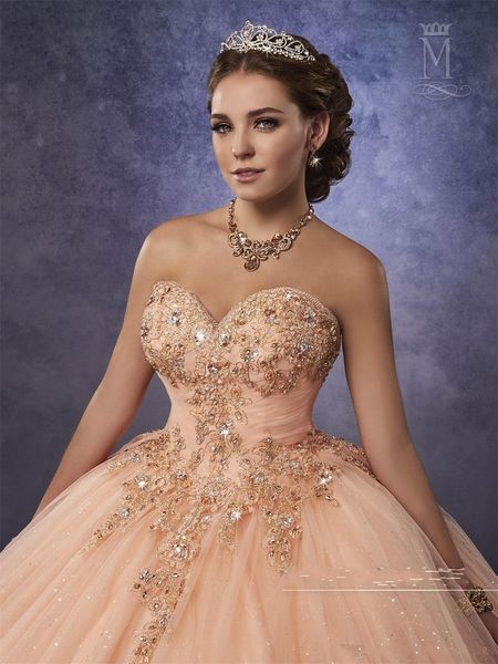 Sparkling Mary's Peach Quinceanera-Kleider mit abnehmbaren Trägern, Taille, Tüll, Sweet-16-Kleid, Schnürung am Rücken, Ballkleider179w