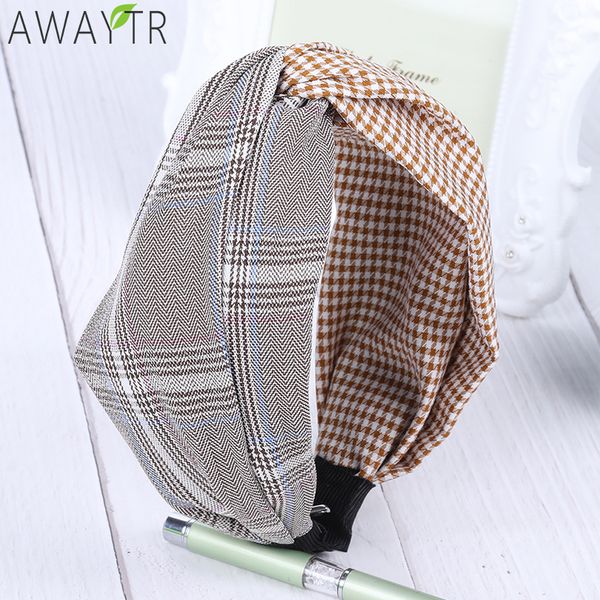 

awaytr women's cotton headbands plaid wide side fashion splicing cross striped hair band girl headband of women hair accessories