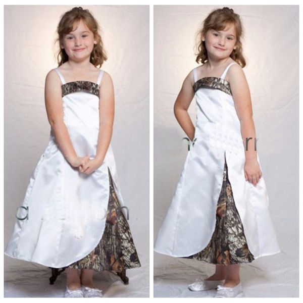 

2018 simple spring spaghetti strips a-line camo flower girls dresses ankle length satin formal kids formal party gowns sale, White;blue