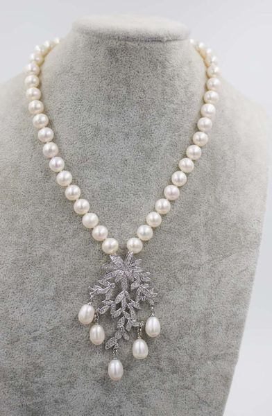 

freshwater pearl white near round 9-1`0mm necklace and flower pendant 18inch fppj wholesale beads nature, Silver