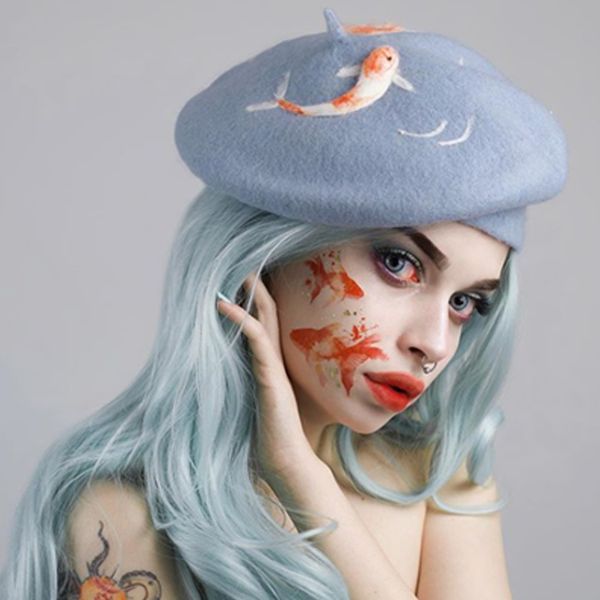 

cute goldfish berets princess sweet lolita hat vintage handmade fish hat real woolen warm winter beret manual wool felt beret, Blue;gray