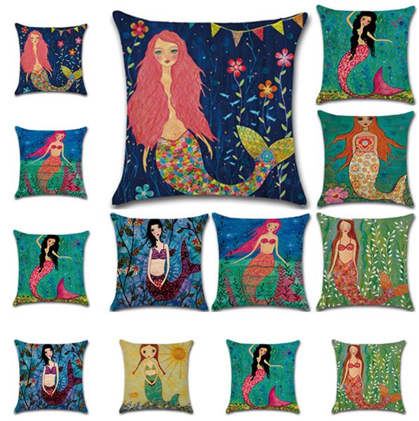 

mermaid printed pillow case 45*45cm linen vintage cartoon colorful square cushion cover home sofa pillowcase t1i320