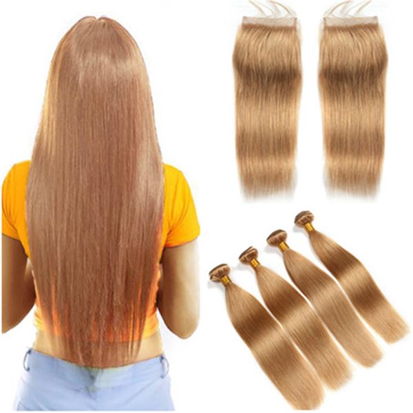 Virgin brasileiro mel loira cabelo humano 4 pacotes com fechamento superior em linha reta # 27 loiro morango cabelo humano tece com lace closure 4x4