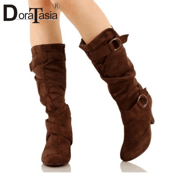 

doratasia new plus size 34-43 mid calf boots soft pleated flock shaft med spiked heels boot women shoes, Black