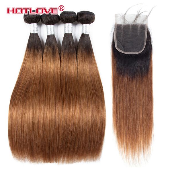 

pre -colored hair weave 4 bundles with closure 4x4 1b/30 dark roots ombre brazilian straight human hair bundles with closure ove, Black;brown