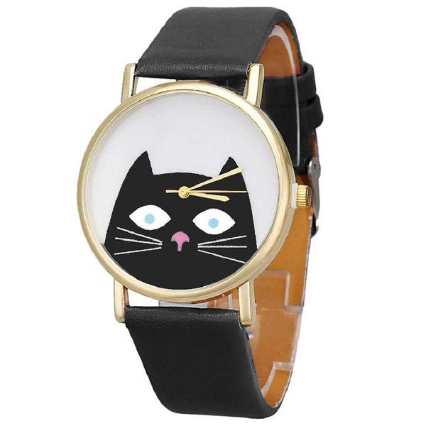 

practical cat pattern ladies men leather strap dial quartz wrist watch, Slivery;brown