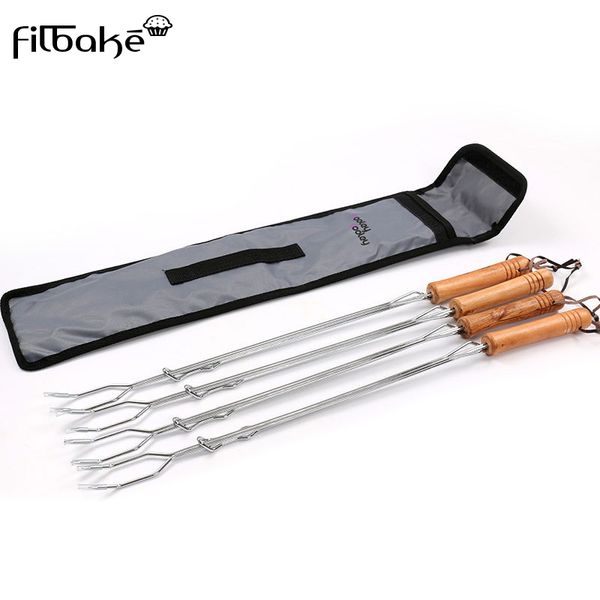 

filbake 4 pcs/set bbq forks stainless steel adjust barbecue fork sticks needle skewers with wooden handle