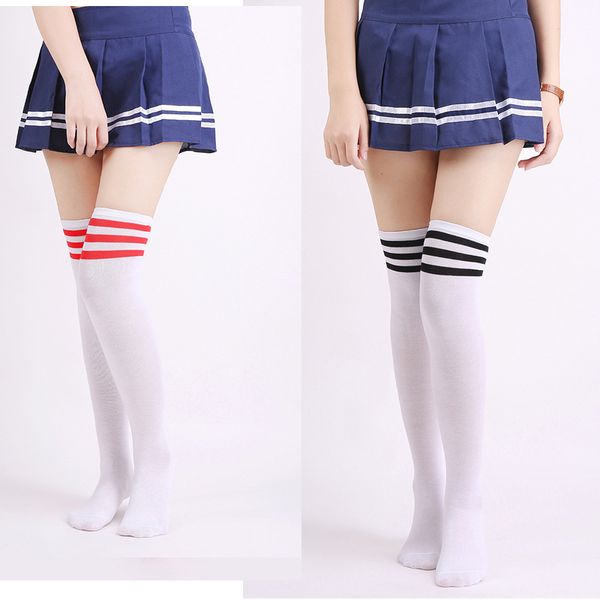 

college winds cotton socks women stripes knees girl lady sock three bars knees high tube student socks high thigh socks, Black