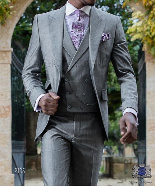 

new arrival light grey 3 piece suit men wedding tuxedos peak lapel slim fit groom tuxedos men dinner prom blazer(jacket+pants+ tie+vest)1161, Black;gray