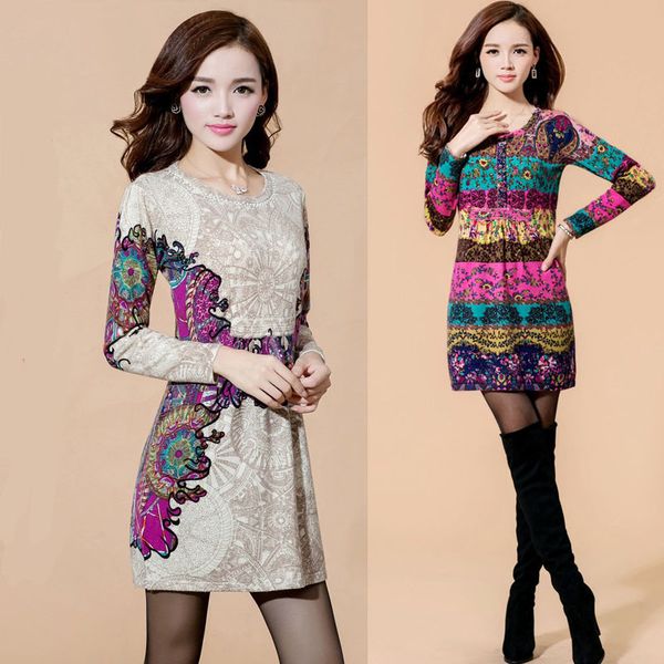 

2018 printed wool base long sweater pullover slim sweater dress, White;black