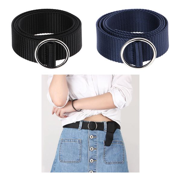 

men women round ring solid color knit canvas web belt waistband, Black;brown