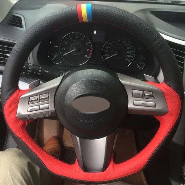 

red black genuine leather hand-stitched car steering wheel cover for subaru outback 2010 2011 2012