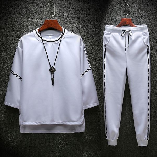 

men's leisure sportssuit 2018 korean edition seven point sleeves t-shirt o-neck sportswear mens sets cotton suit size -xxxl, Gray