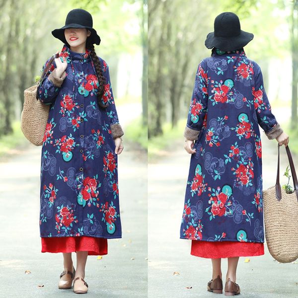

fashion women cotton linen winter warm coat folk-custom printing outcoat jacket vestidos mujer robe femme vestido dress women, Black