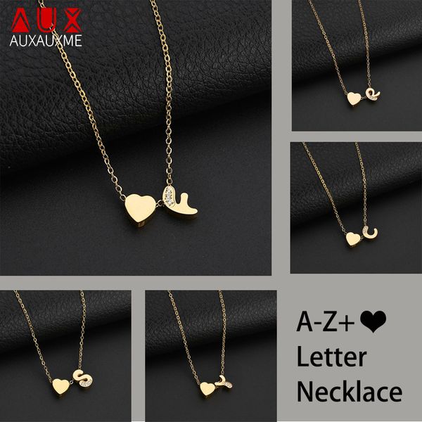 

auxauxme gold stainless steel tiny heart crystal initial necklace personalized name letter necklace for women dainty jewelry a-z, Silver