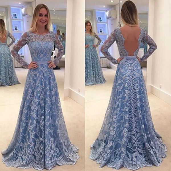 

elegant sky blue evening formal dresses jewel neck long sleeve prom gowns illusion floor length backless party dress vestidos custom, Black;red