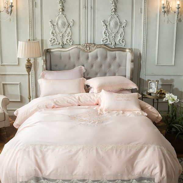 

satin bedding sets 4pcs european court lace pink bedclothes embroidery coon 60s duvet cover solid color bed sheets drap de lit