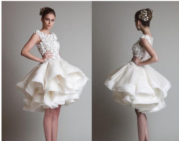 

krikor jabotian short lace wedding dresses 2017 ivory bateau cap sleeves backless knee length a line organza wedding dresses bo3887 arabic, White
