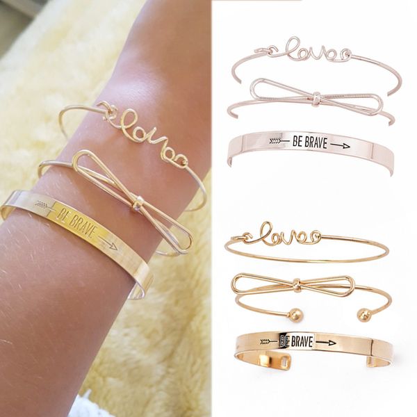 

bowknot silver letter 2018 new arrival 3pcs/set open girls bracelet set be brave golden adjustable retro women love graceful, Black