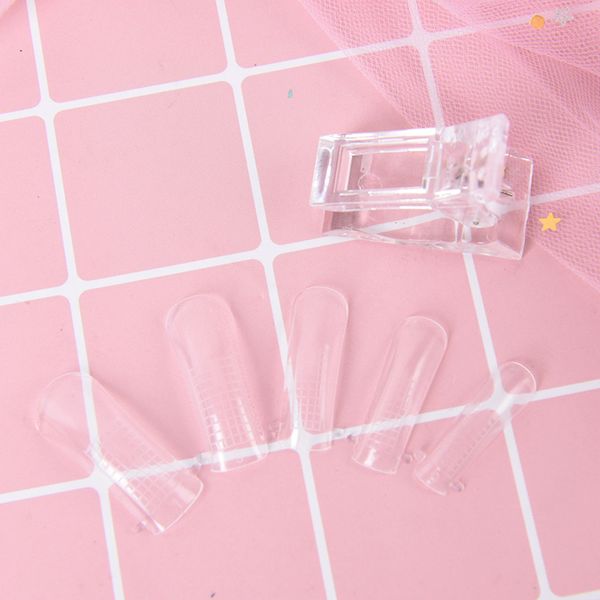 

100pcs/set uv gel manicure finger extension false nail tips with 1pcs nail art clip gel quick building mold art tools, Red;gold