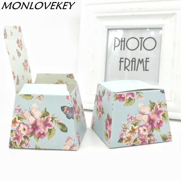 

10pc blue pink floral flower trapezoid wedding favor candy boxes gift box sugar candy box baby shower marriage gift