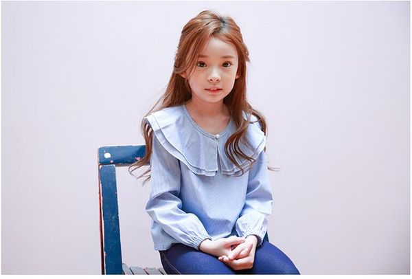 

girl long sleeve doll collar t-shirt baby solid color spring autumn kids cotton blends clothing clothes dm 019, Blue