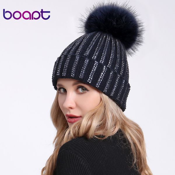 

[boapt] rhinestone diamond classic knitted skullies beanies natural real raccoon fur pompom cap winter female hats for women hat d18110102, Blue;gray
