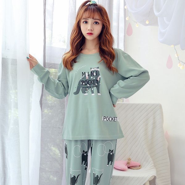 

round neck print cartoon cat pajama set 2018 woman long sleeve casual pajama set leisure home cloth two piece pijama femme, Blue;gray