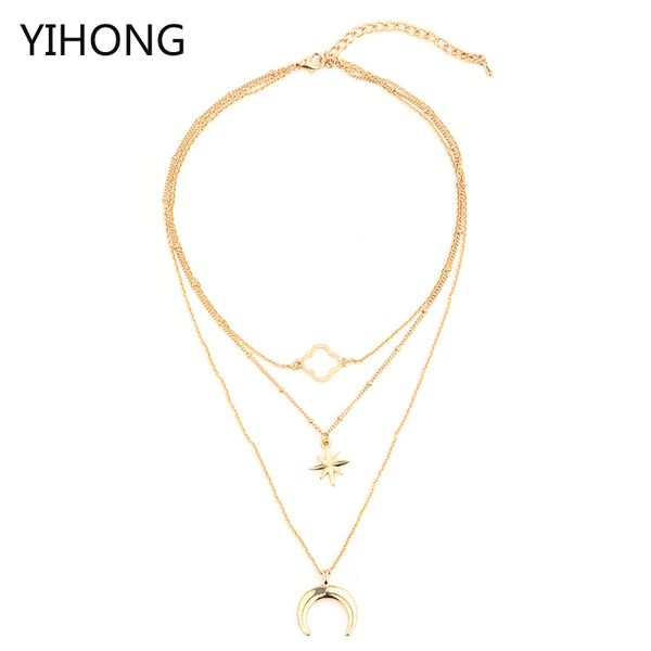 

moon & clover pendant layered necklace gold color alloy pendant multilayer chain long choker for women bijoux, Silver