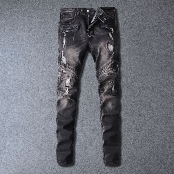 

men biker jeans ripped designer hole washed slim fit straight motorcycle denim joggers pants for male, Blue