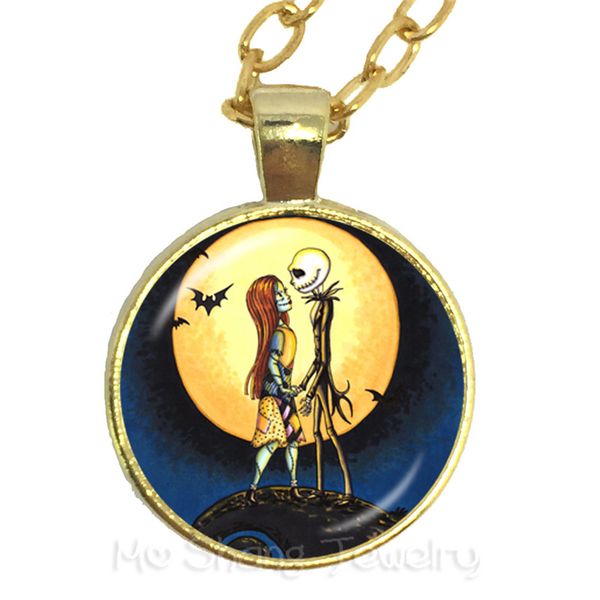 

palaeo bronze the jack skellington and sally 25mm glass cabochon necklace charms halloween party jewelry gift for kids, Silver