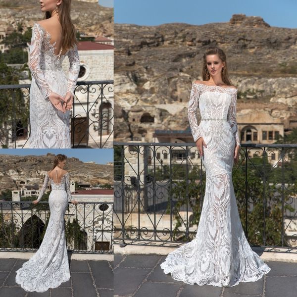 

ева lendel 2019 последние русалка свадебные платья кружева аппликация бато шеи свадебные платья с длинным рукавом развертки поезд на заказ с, White