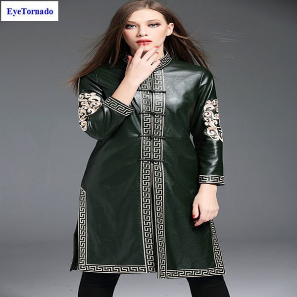 

plus size fashion women autumn winter vintage flower embroidery long split cheongsam casual work leather pu trench coat 3xl 7044, Black