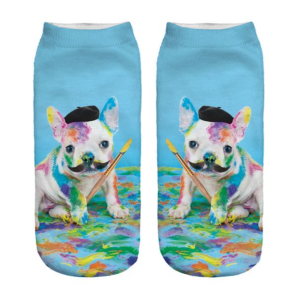 

1pair 3d funny paint artist dog printed short socks women men blue low cut ankle cartoon cotton casual character sock, Black