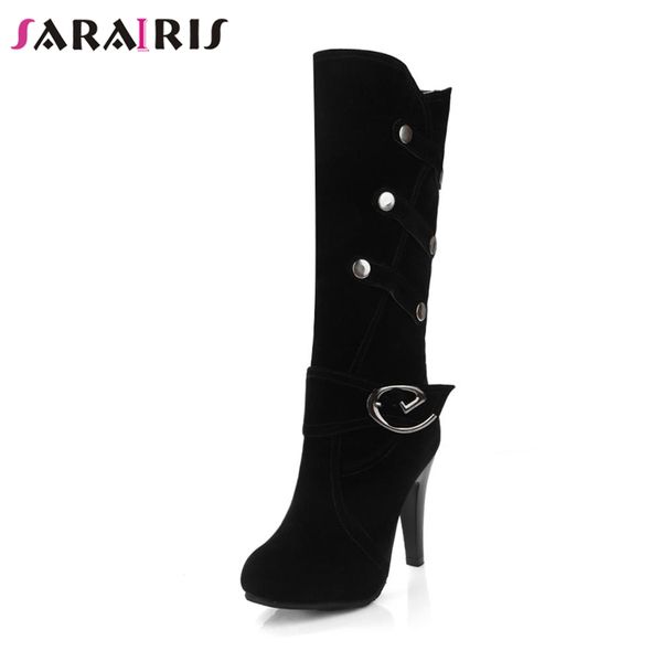 

sarairis new solid 10cm high heels belt buckle metal decoration shoes woman casual autumn winter mid-calf boots big size 34-43, Black