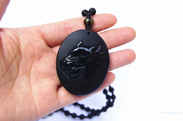 

pure natural obsidian, hand-carved head, oval charm necklace pendant, Silver